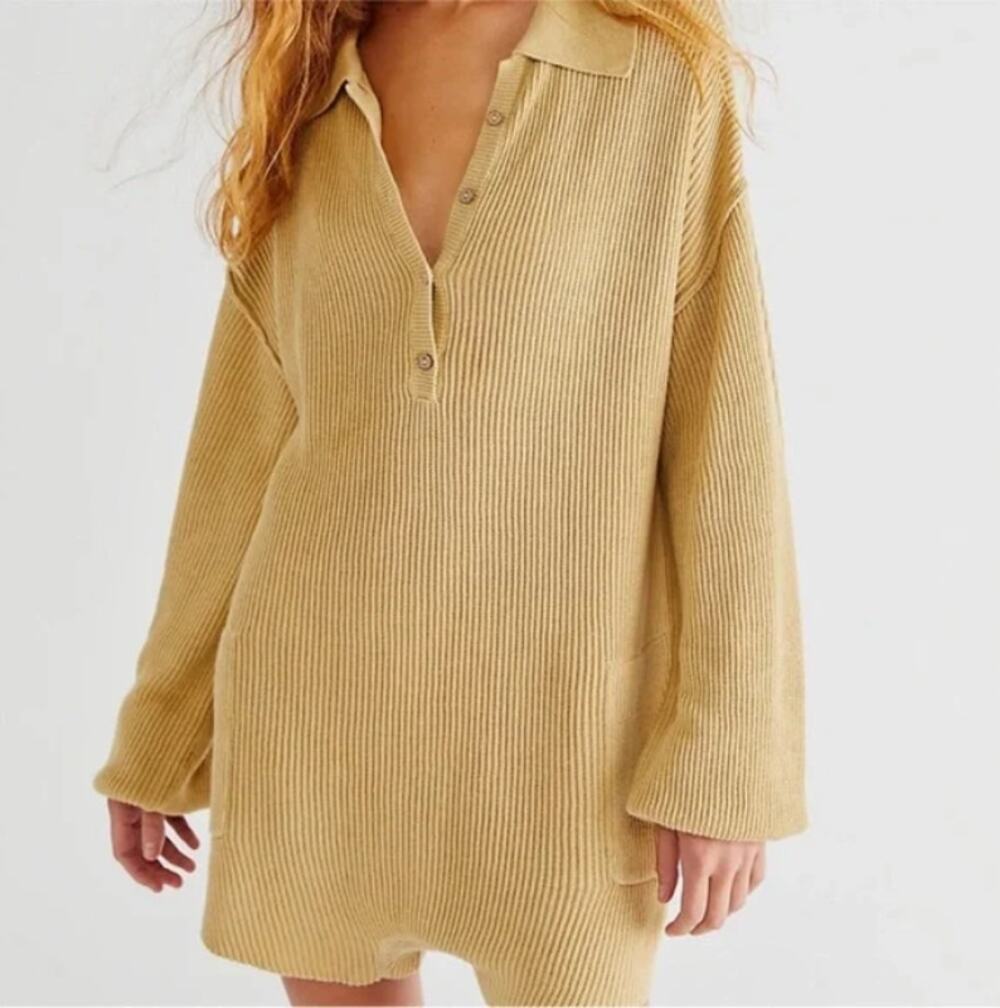 Free People FP Beach Picnic Romper XS Mustard Yellow Demeter Linen Boho Slouchy